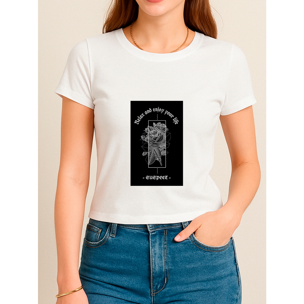 Camiseta Babylook Feminina Estampada 100% Algodão Relax Enjoy Life Rosas Moda Tendência