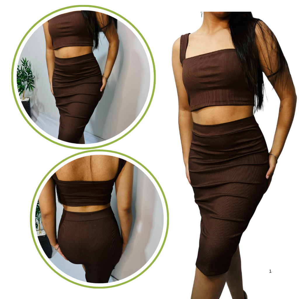Conjunto Feminino Canelado Cropped e Saia Midi Justa Moda Casual Elegante Versátil para o Verão