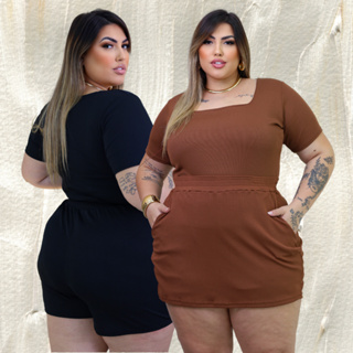 Conjunto Plus Size shorts saia e blusa decote quadrado Casual Moda Verão curve curvy midsize outfit em Oferta na Shopee