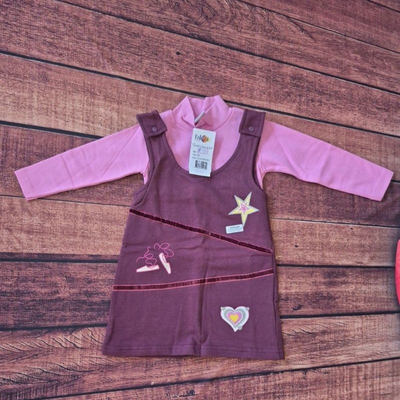 Conjunto de Blusa Malha e Vestido Tipo Jardineira Bebê Fakini - TAMANHO 02