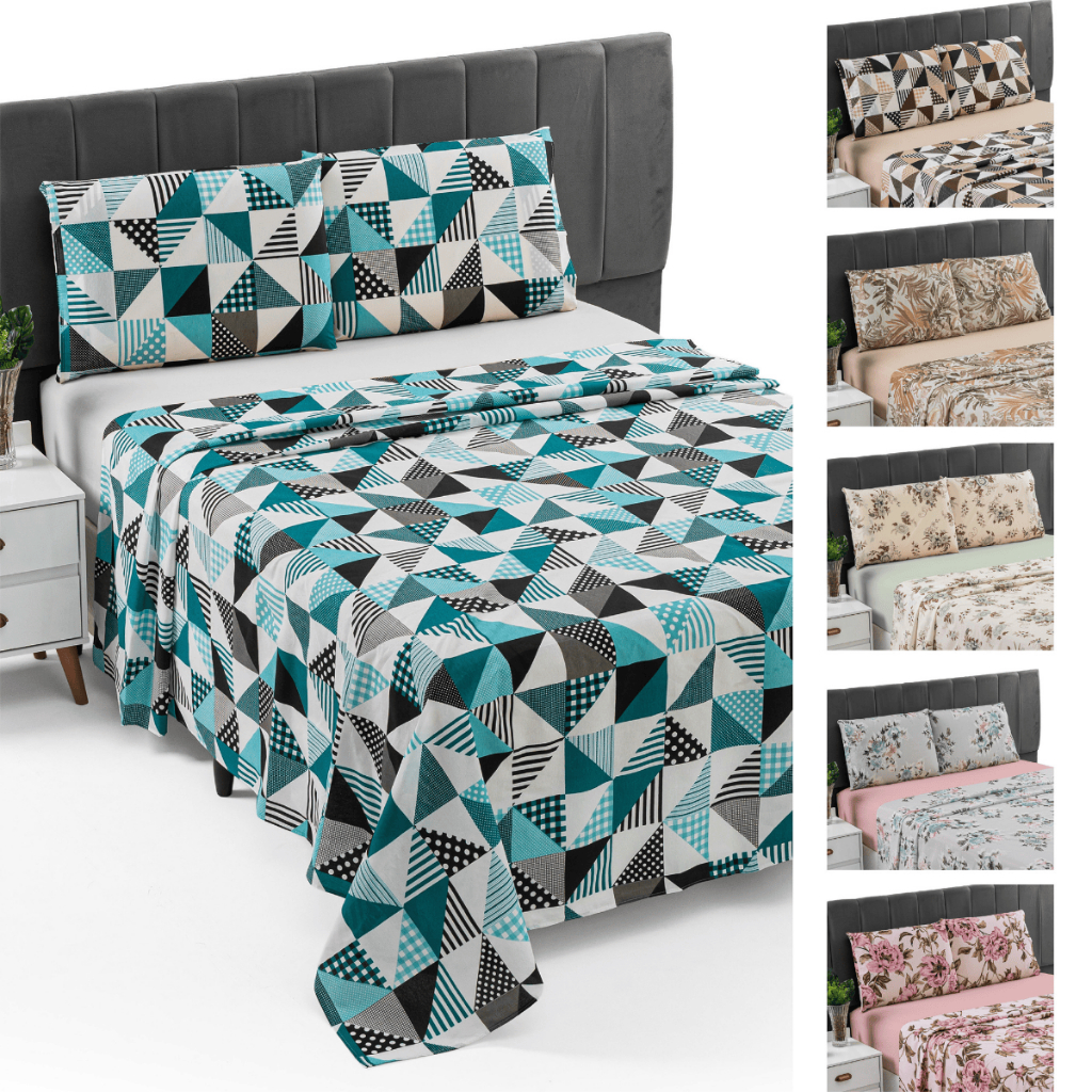 Jogo de Cama Lençol e Fronha 3 Peças Solteiro 200 Fios Algodão Estampado Aveludado Com Elástico