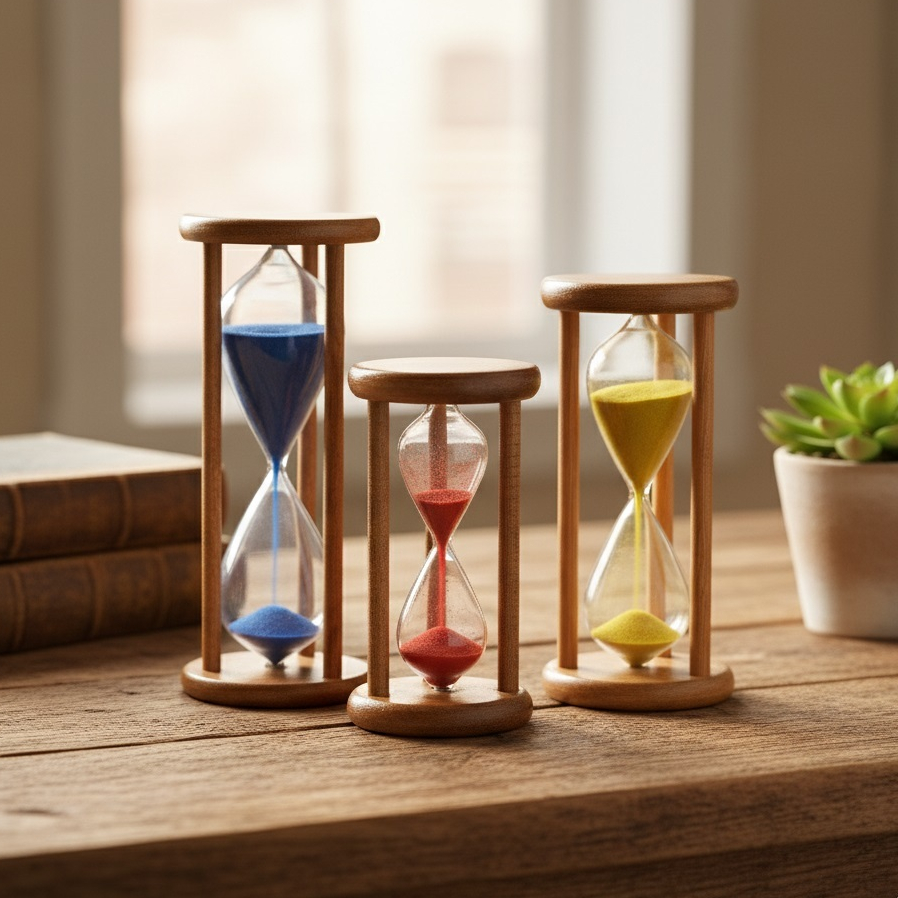 Ampulheta Base Madeira com Areia Cores Sortidas 5 tamanhos à escolher em Oferta na Shopee