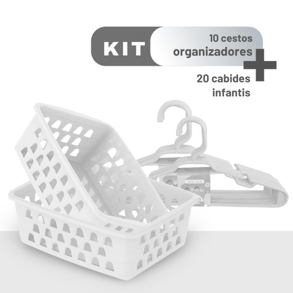 Kit 10 Cestos Organizador Pequeno Multiuso Branco + 20 Cabides Infantil Bebê Branco