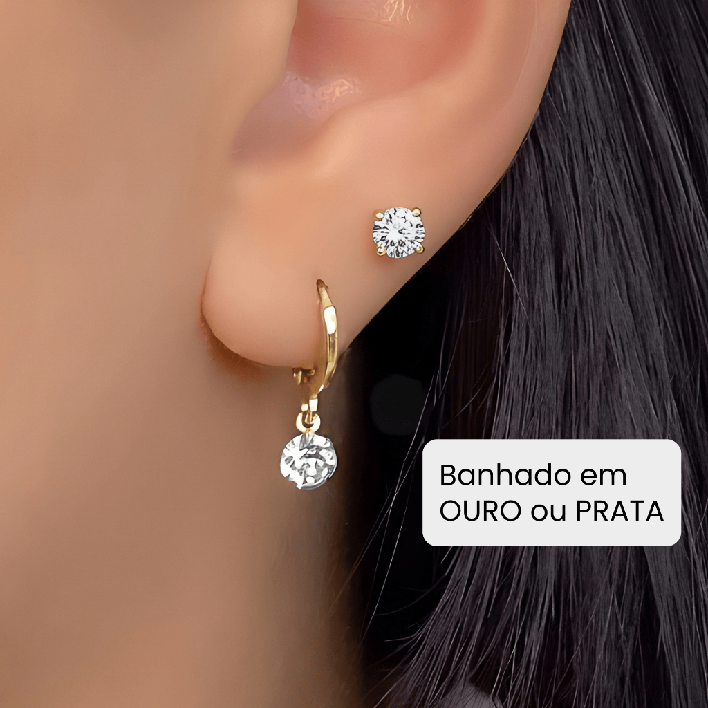 Kit Conjunto de Brinco Argolinha e Brinco Ponto de Luz Cristal Banhado a Ouro ou Prata