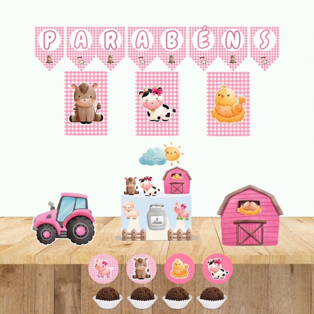 Kit só um bolinho fazendinha rosa FAZENDA MENINA VAQUINHA CAVALO PORCO festa de aniversario mesversario topo de bolo