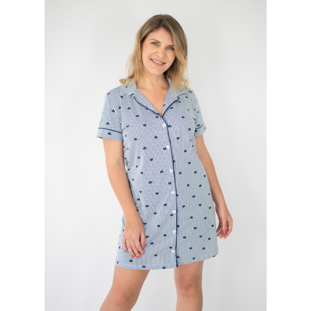 Camisola Feminina Americana Abertura com Botões Manga Curta Amamentação - Listrado Marinho Coração