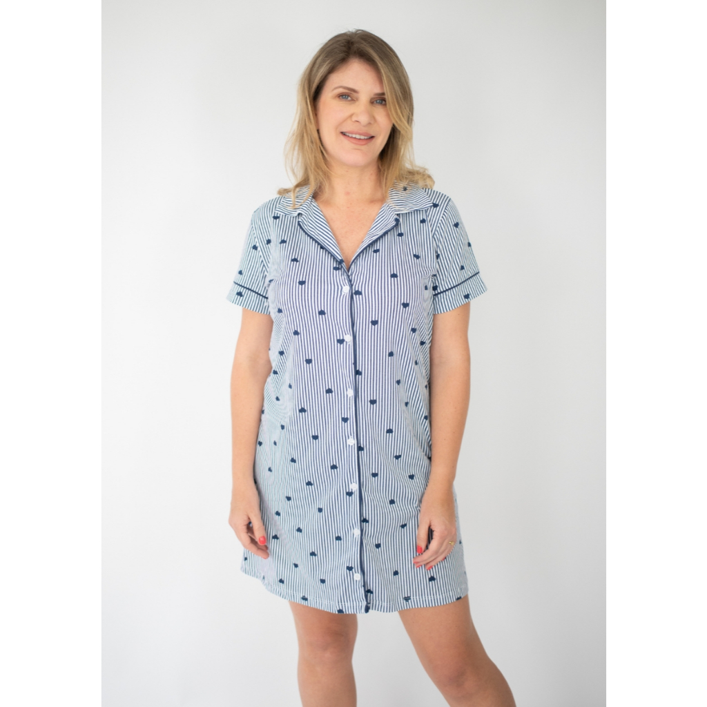 Camisola Americana com Botões Frente Manga Curta Algodão Amamentação Verão -Listrado Marinho Coração