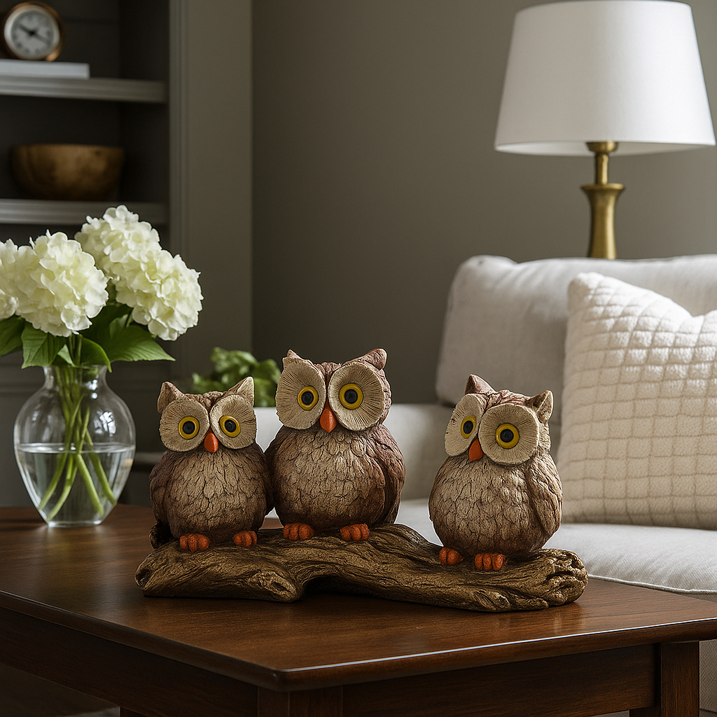 Estatueta Trio De Corujas No Galho Decoração Para Sala Enfeite Mesa Estante Escritório em Oferta na Shopee