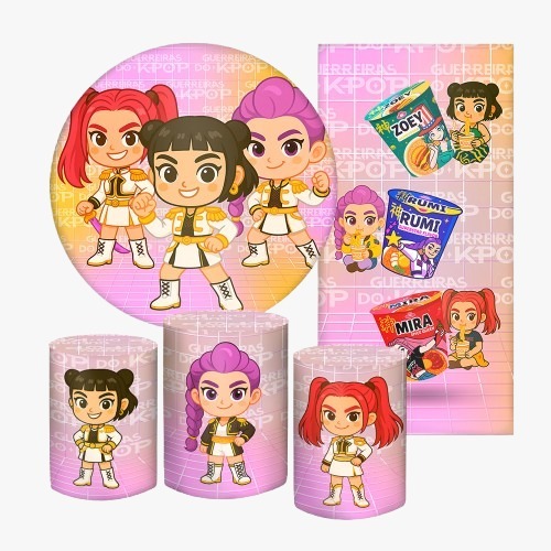 PAINEL DECORATIVO  PARA FESTAS, GUERREIRAS KPOP CUTE, REDONDO 1,5M DIÂMETRO + LATERAL VERTICAL 2X1 + 3 CAPAS CILINDROS