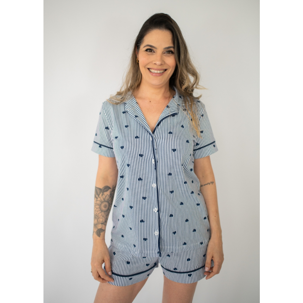 Pijama Feminino Americano Manga Curta Botões Frente Algodão Verão - Listrado Marinho Coração em Oferta na Shopee
