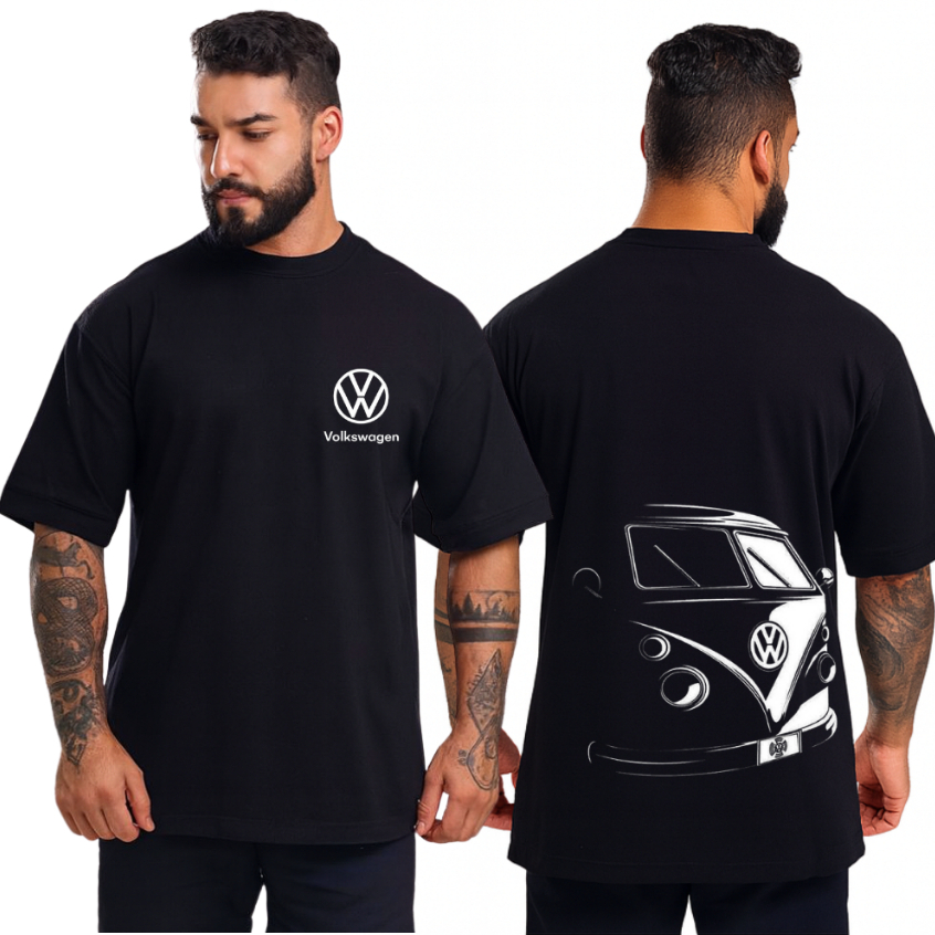 Camisa Larga Masculina Estilo Rua Estampada Kombi Casual Oversized 100% Algodão-K101