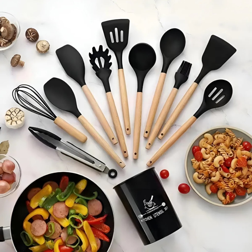 Kit Utensílios de Cozinha 12 Peças Cabo de Bambu e Silicone C/Suporte Decorativo Tamanho Grande