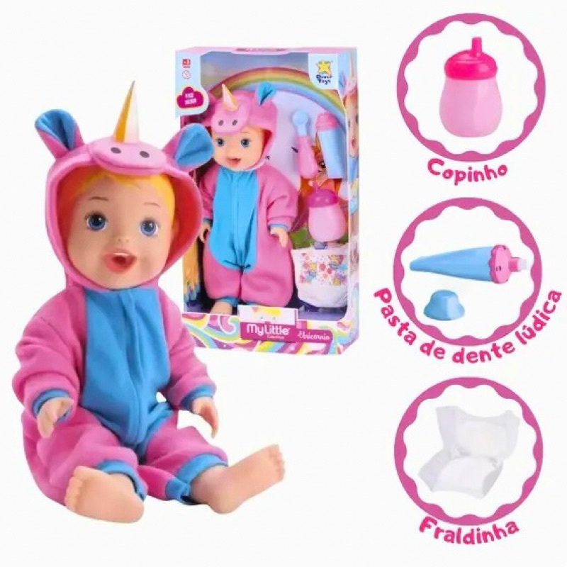 Boneca Reborn Bebê Mamadeira Férias Meninas Brinquedo Pijama unicórnio