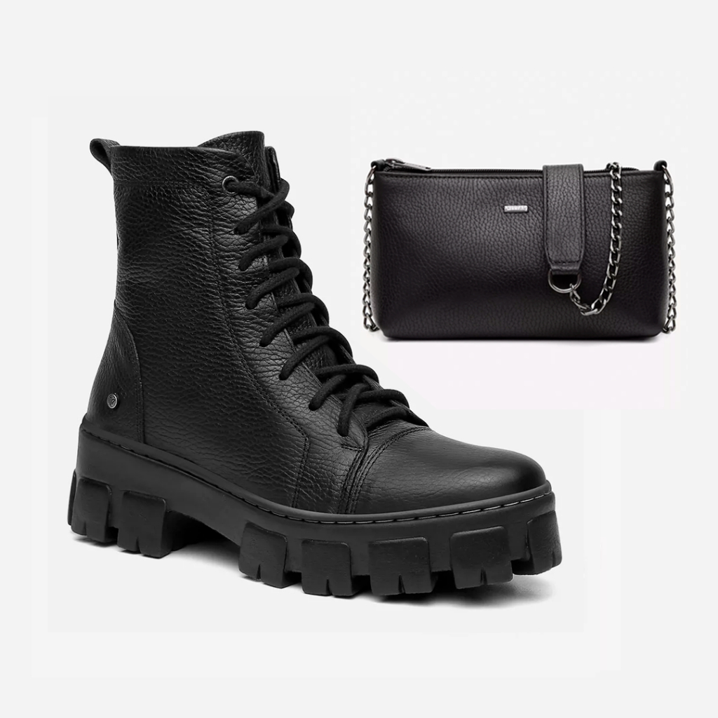 Imagem Kit Bota Coturno Buckle + Bolsa Annelise Preta Couro Legítimo