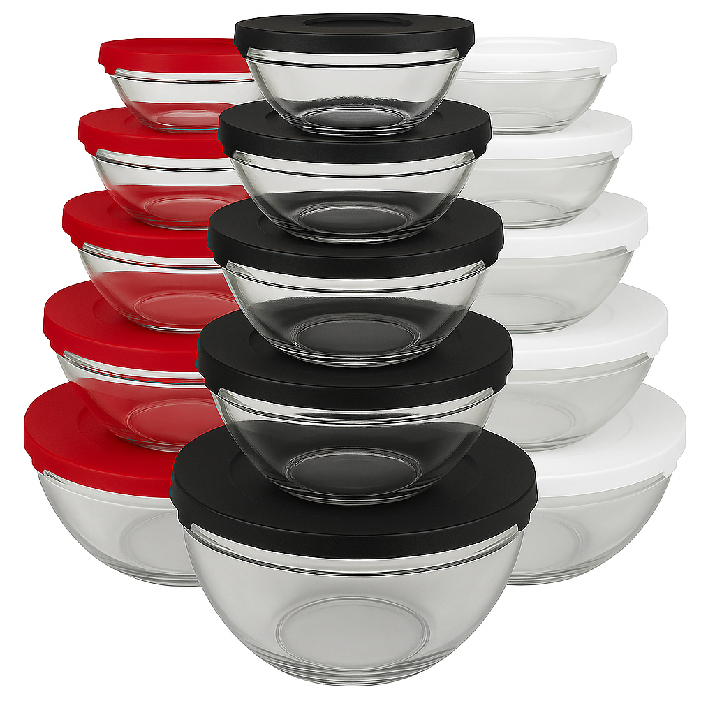 Conjunto com 5 Potes de Vidro com Tampa –135 ml, 200 ml, 400 ml, 550 ml, 1000 ml