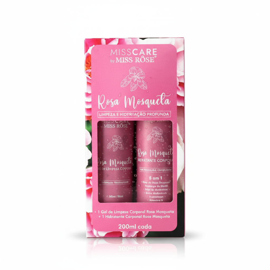 Kit Corporal Miss Rôse Rosa Mosqueta - Gel de Limpeza + Hidratante - Pele Radiante e JovemTenha uma pele limpa e rejuven