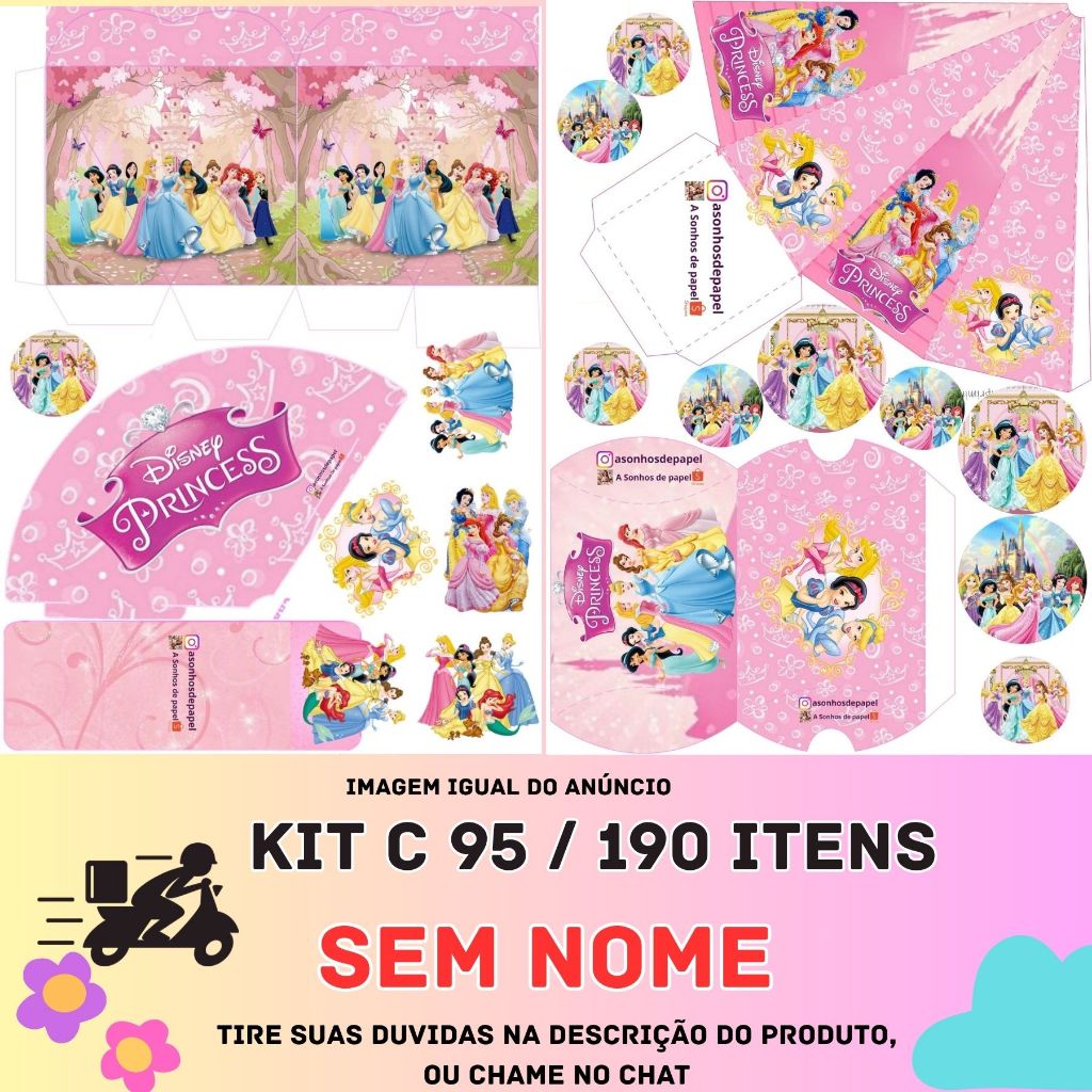 KIT COM 95/190 ITEN TEMA: PRINCESAS DISNEY ADULTA LEMBRANCINHA SEM NOME  Envio Rápido PERSONALIZADO
