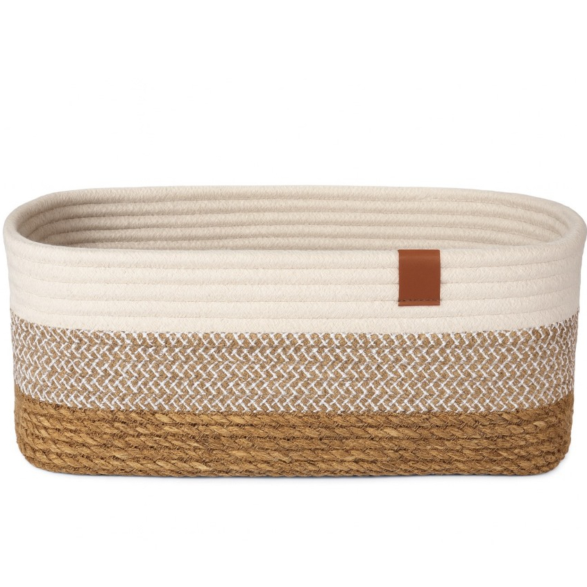 Cesto Retangular de Fibra Natural Decorativo Rústico Casa Organizador Fibra E Algodão Branco/Bege 30x20x13cm