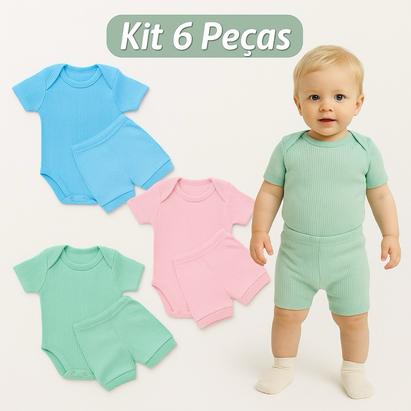 Kit 6 peças Conjunto Bebê Body Manga Curta Canelado e Shorts Roupa de Bebê Conjunto Bebe Verão