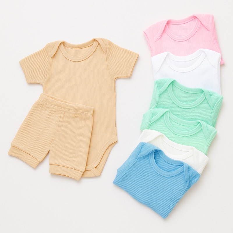 Kit 6 peças Bebê Canelado Conjunto Menina Menino Neutro Body Manga Curta + Shorts Enxoval Completo