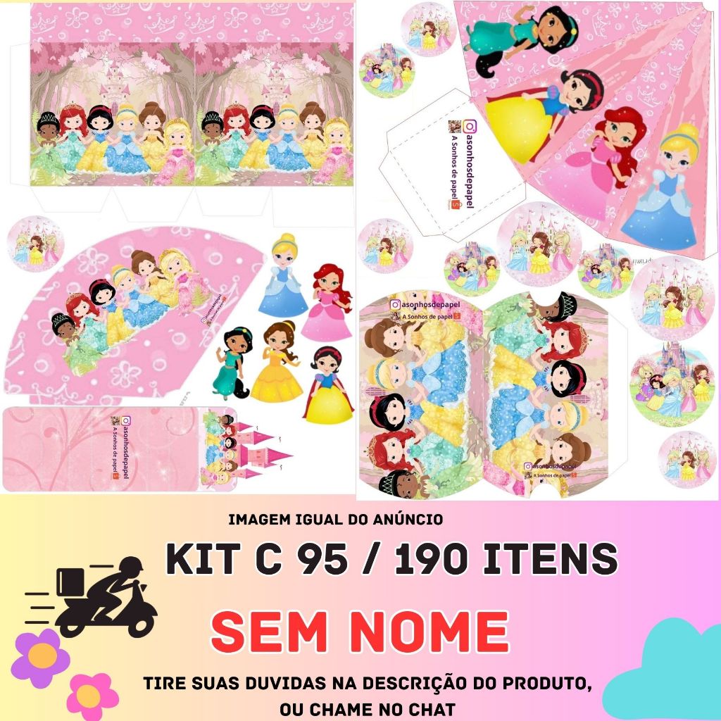 KIT COM 95 OU 190 ITENS LEMBRANCINHA PERSONALIZADA TEMA: PRICESAS DISNEY CUTE l ENVIO RAPIDO