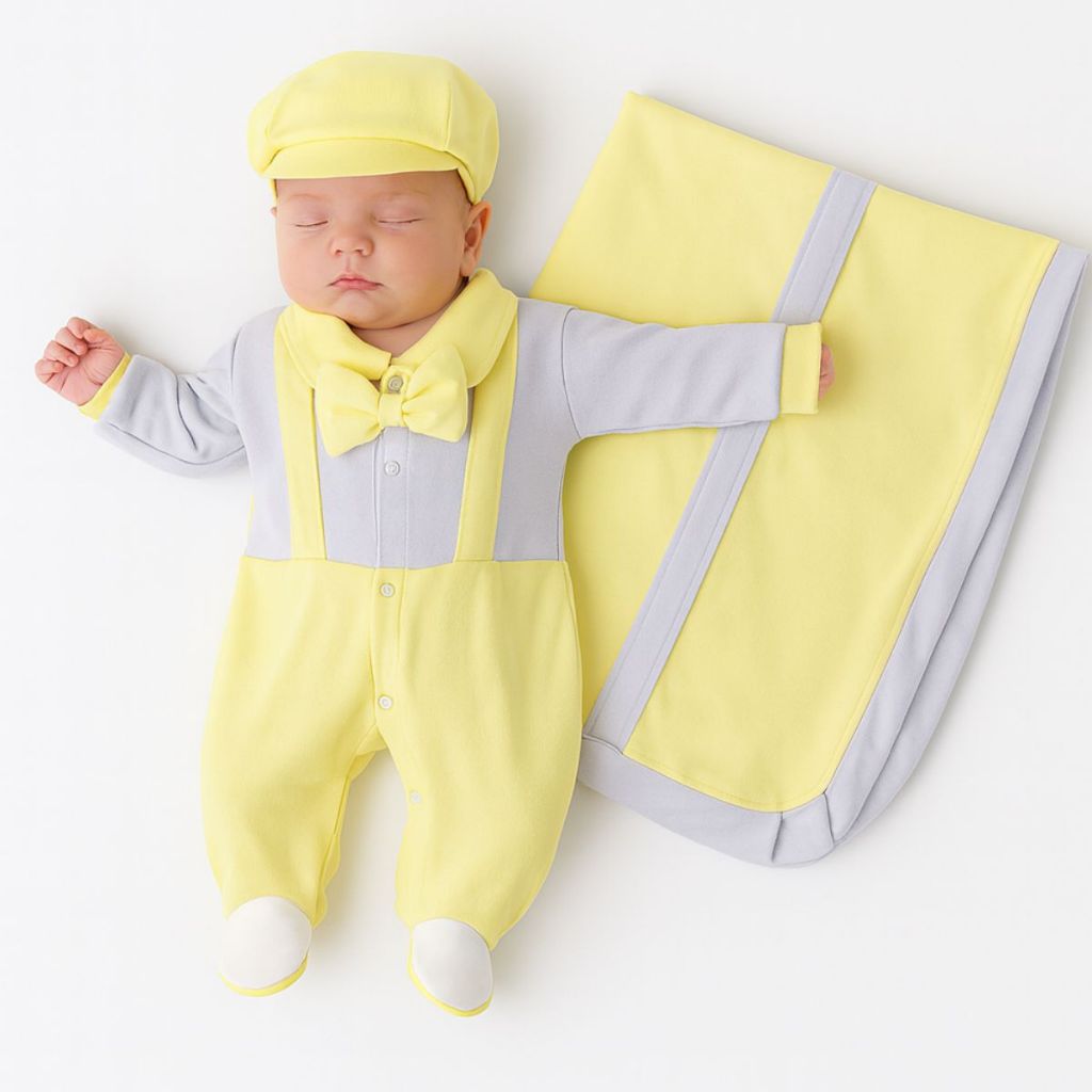 Saída Maternidade Menino Heitor Amarelo Kit 04 Peças Roupas de Bebê
