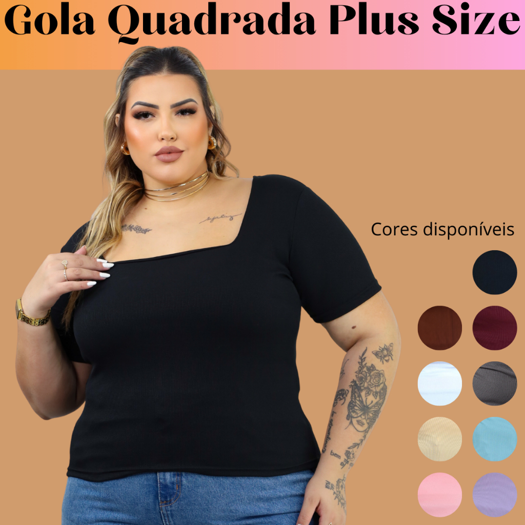 Blusa Decote Quadrado Plus Size Manga Alongada Veste 44 ao 54 Ribana Moda Feminina Tendência Verão
