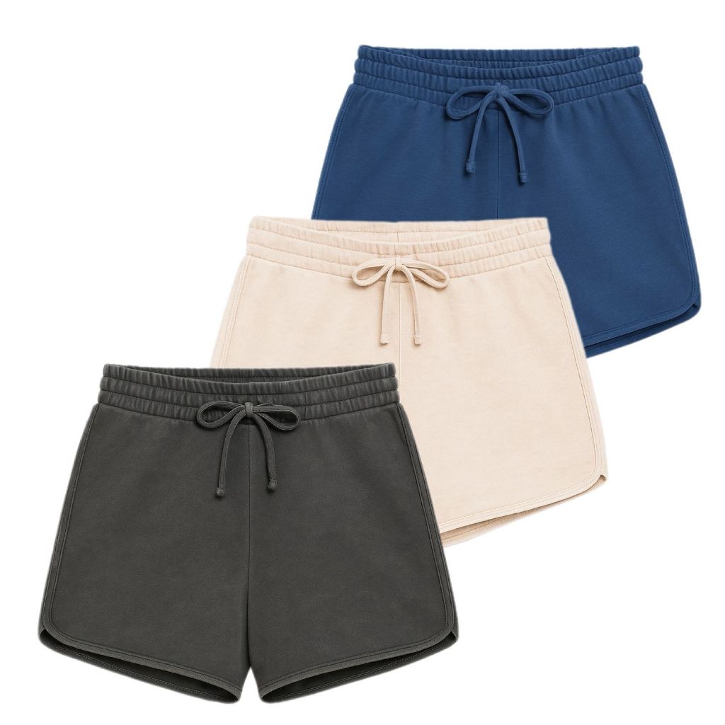 Kit 3 Shorts Moletinho Feminino Estonado Básicos Confortáveis com Cós Elástico e Cordão Ajustável