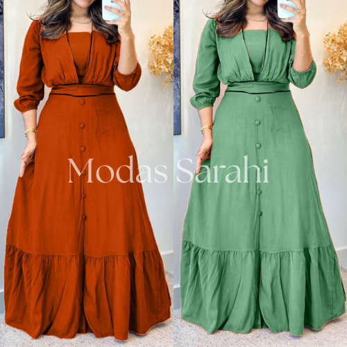 Vestido Longo Feminino em Viscolinho Forrado | Decote V e Manga Longa 010