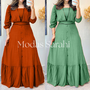 Vestido Longo Feminino em Viscolinho Forrado | Decote V e Manga Longa 010