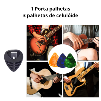 Porta Palhetas com dupla face + Palhetas Celulóide Leve / Média / Pesada