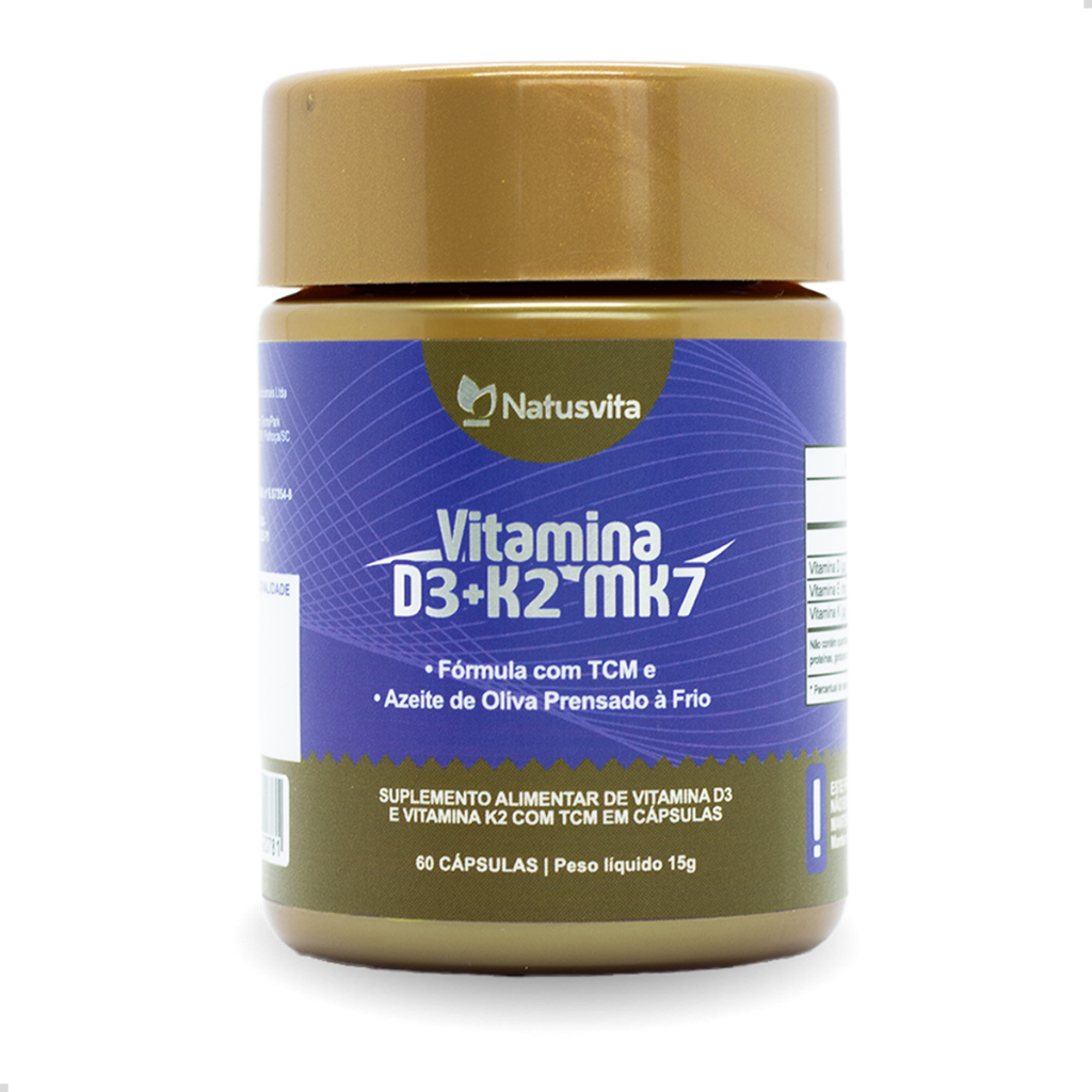 Vitamina D3 + K2 Mk7 com TCM e Óleo de Oliva Prensado a Frio em Softgel Cápsulas