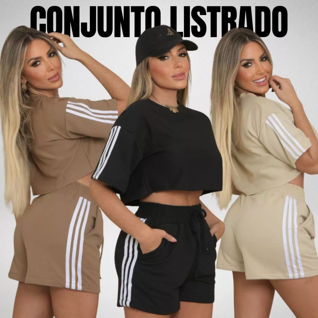 Conjunto Feminino com Listras Shorts Moletom e Cropped Blusa Blusinha Moletinho Listrado — imagem 1