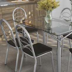 Kit Conjunto Mesa 4 Cadeiras 120 x 80 cm Sala de Jantar Cozinha Vidro Metal Cromado Preto