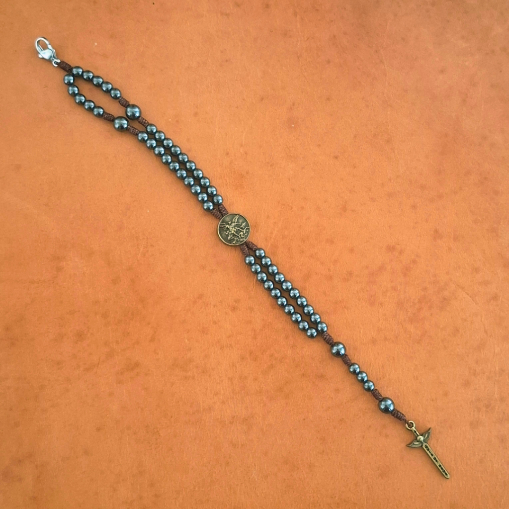 Terço Católico Mariano pulseira de São Miguel Arcanjo contas de hematita 4mm terço para pulso