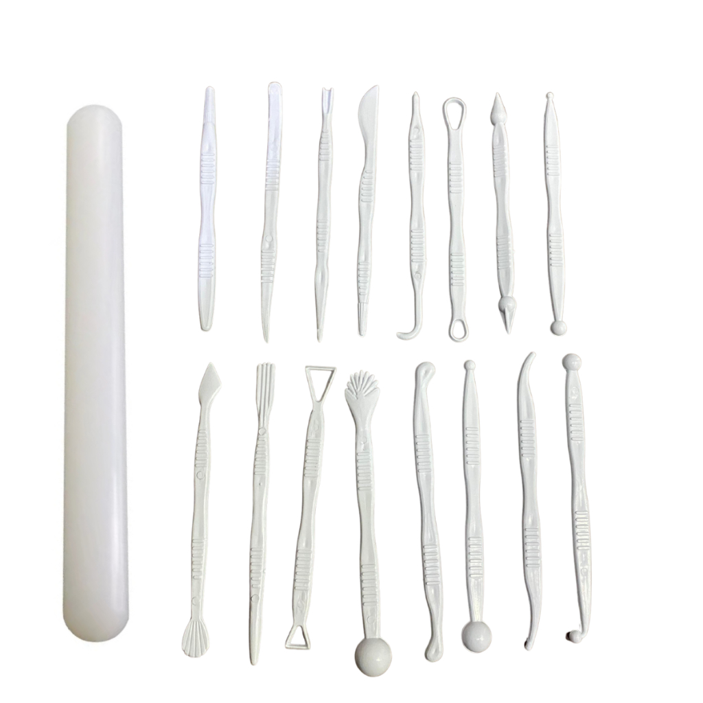 Kit 16 Estecas Biscuit Sem Rebarba + Rolo Maciço 20cm Branco 32 Funções Argila Artesanato Modelagem