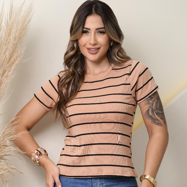 Blusinha Básica Ribana Listrada Feminina