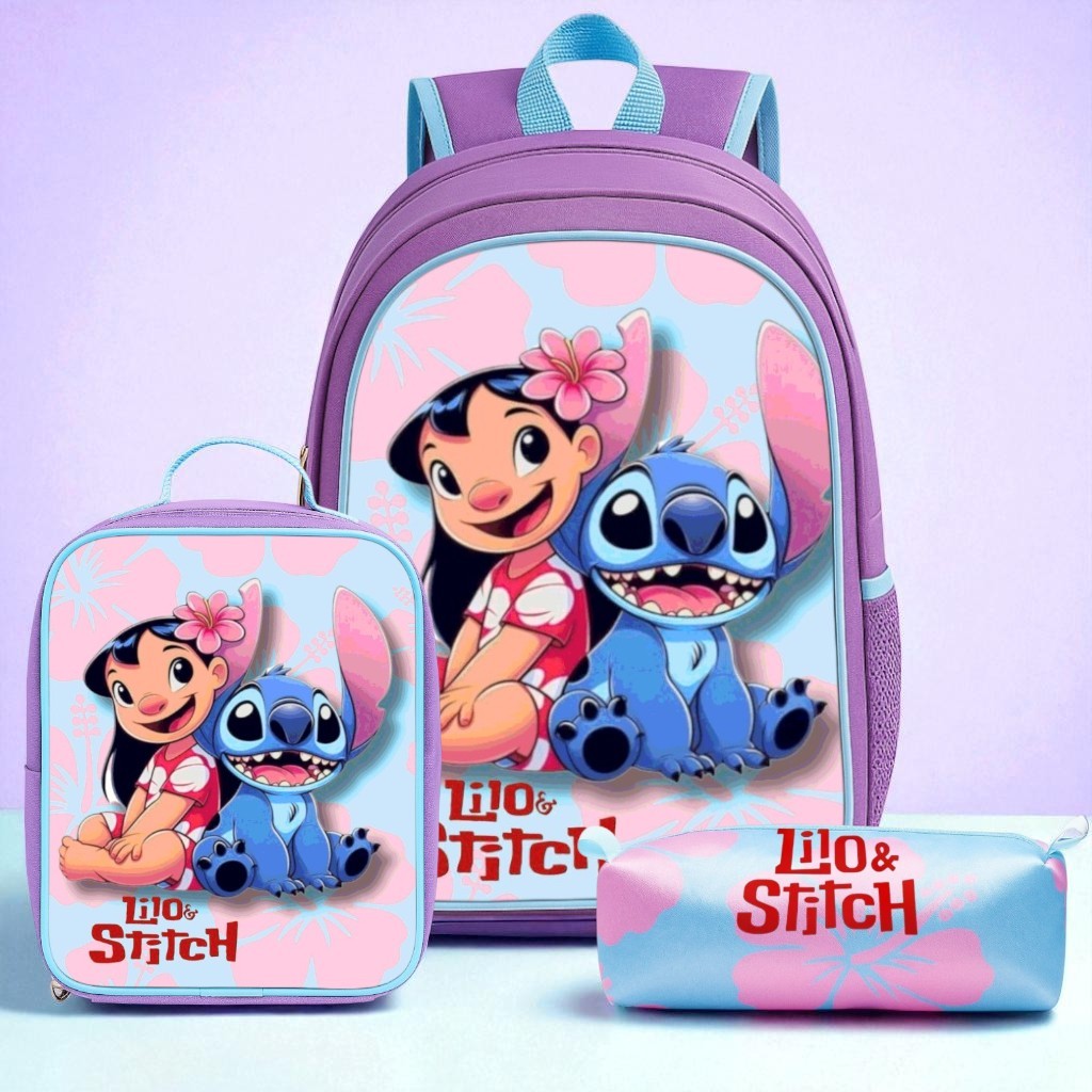 Kit Mochila Infantil Menina Feminina + Lancheira Térmica + Estojo Lilo e Stitch - Envio Im...