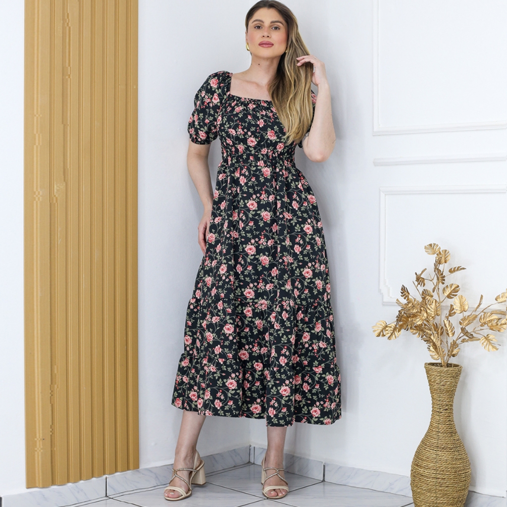 A&D Vestido Na Canela Estampado Com Elástico Forrado Crepe