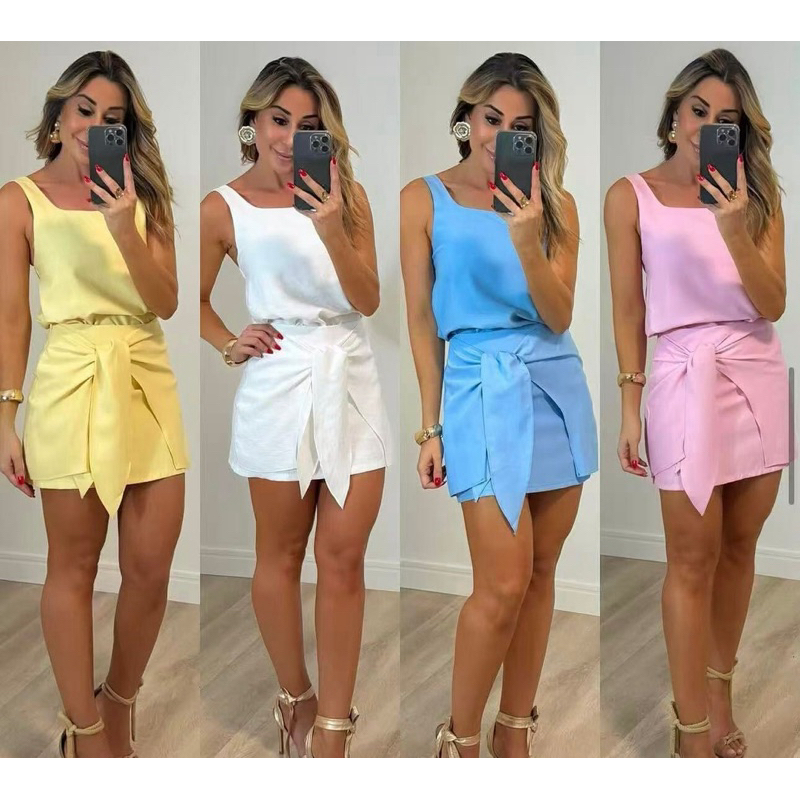 feminina conjunto de short saia tecido alfaiataria-62