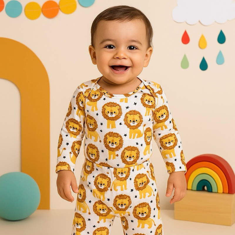 Conjunto Bebê Leãozinho Suedine Antialérgico Pagão Body e Calça Longo Manga Longa