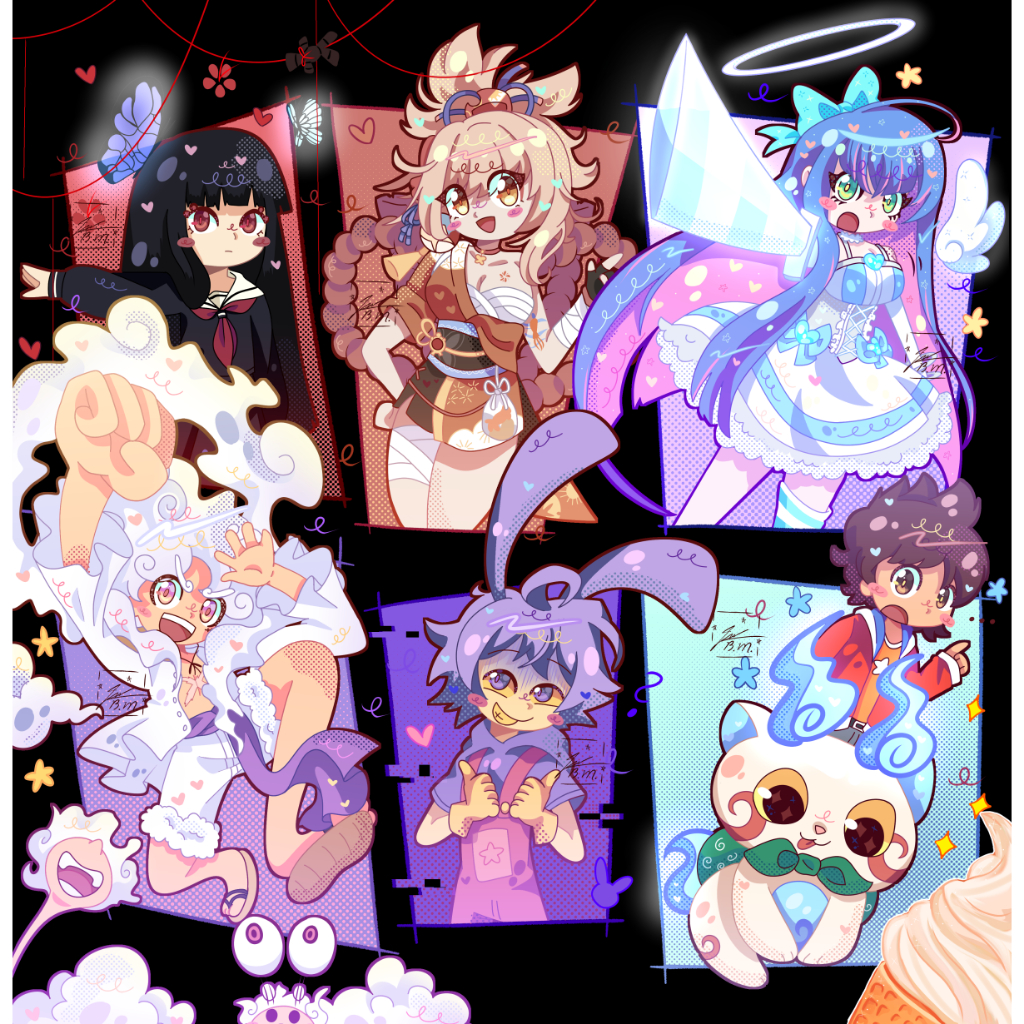 Impressão Poster Cartaz - Six Fanart Challenge - Enma Ai, Yoimiya, Stocking, Luffy Gear 5, Jax e Komasan