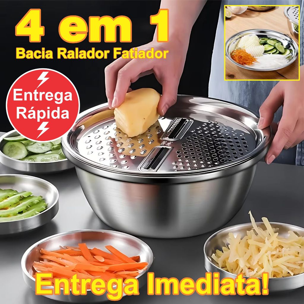 Kit 4 em 1 Bacia Ralador Fatiador Inox Tigela Saladeira Bowl Vasilha Cozinha Prática em Oferta na Shopee