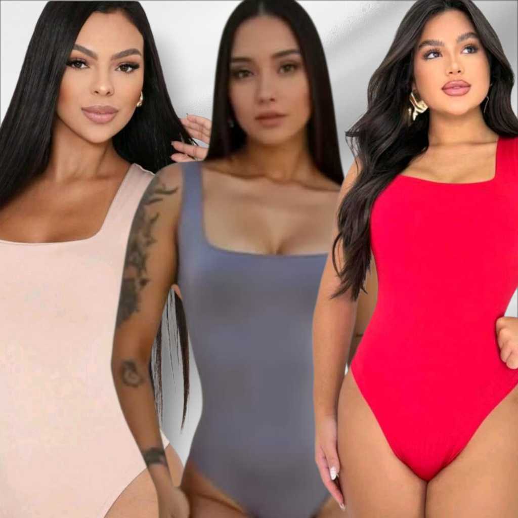 Kit 3  Body Feminino Regata Suplex Decote Quadrado Confortável forro duplo