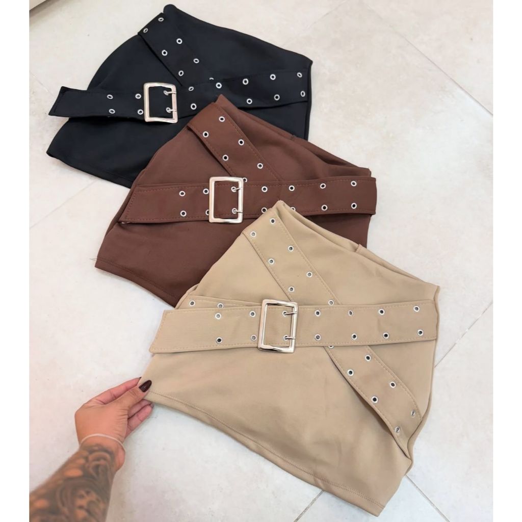 Short Saia com Cinto Cruzado X cintura Alta Estilo Gringa Moda Tendencia em Oferta na Shopee