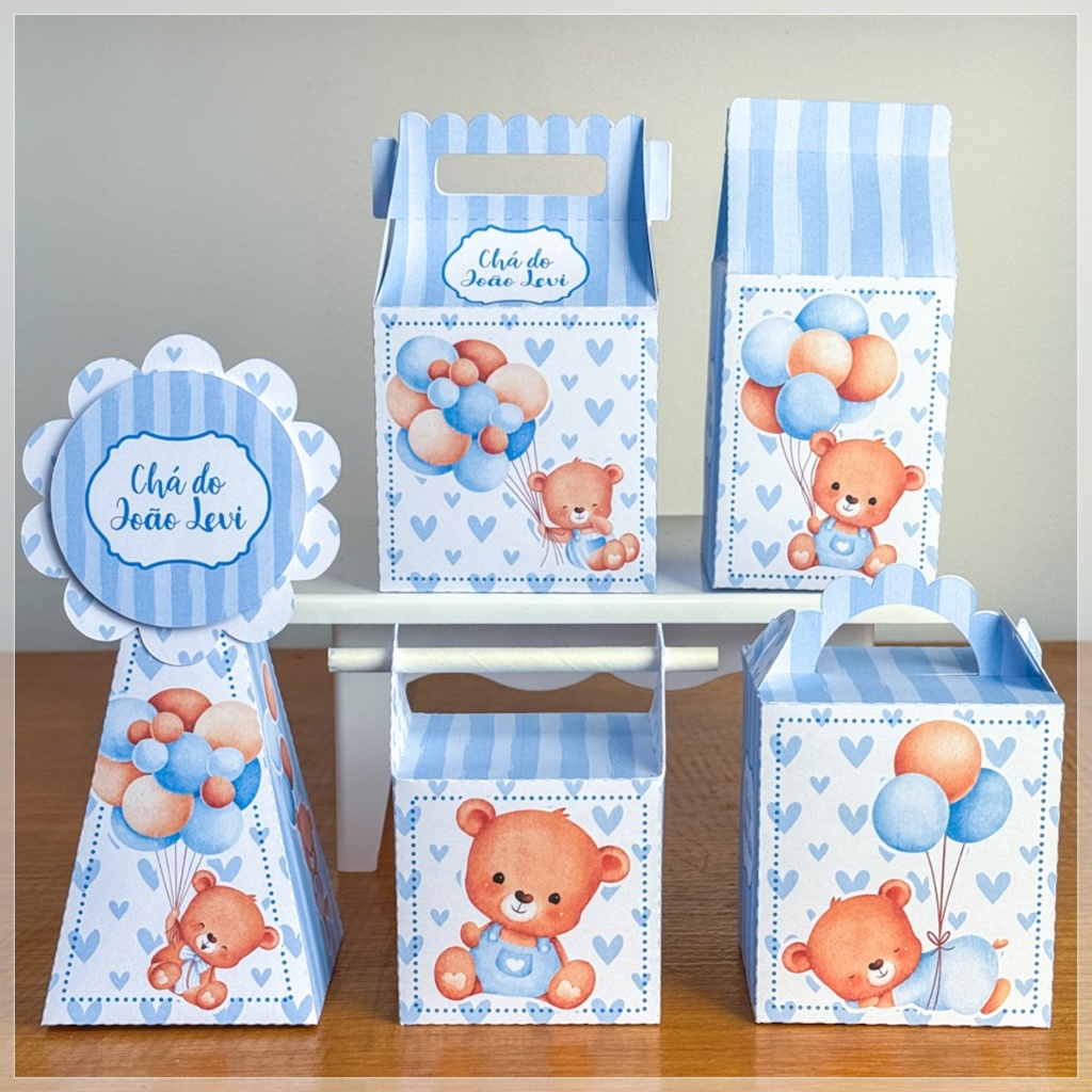 KIT FESTA Ursinho azul cha de bebe Personalizado pegue e Monte Lembrancinhas - Aniversário - Caixinha Personalizadas