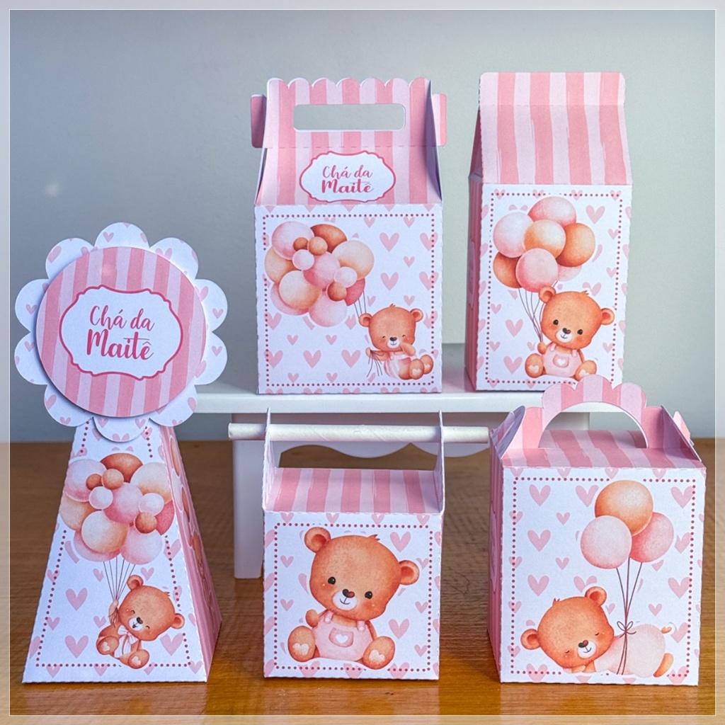 KIT FESTA Ursinho Rosa cha de bebe Personalizado pegue e Monte Lembrancinhas - Aniversário - Caixinha Personalizadas