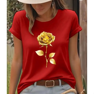 Camiseta Feminina Linda e Estilosa Estampa ROSA DOURADA Blusa 100% Algodão em Oferta na Shopee