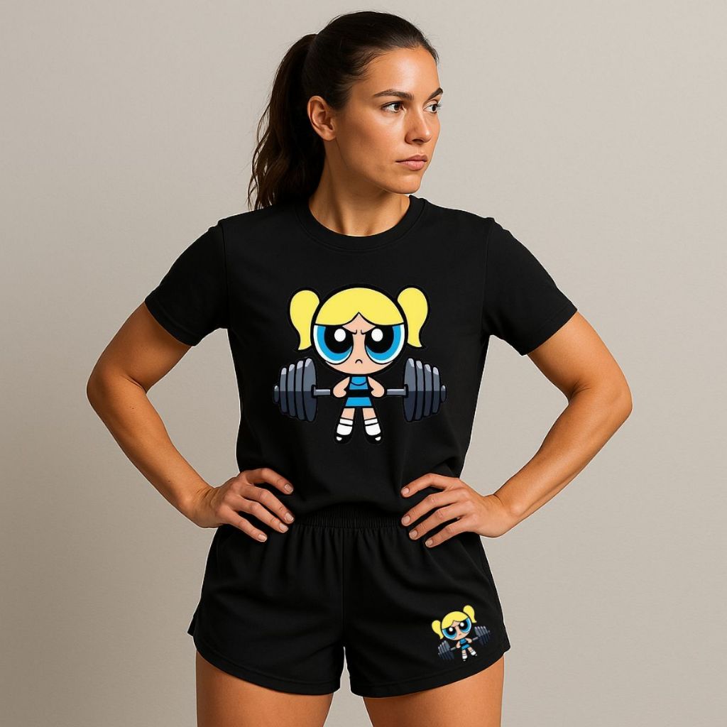 Kit Camiseta E Short Fitiness Algodão E Tectel Meninas Super Poderosas Academia Corrida