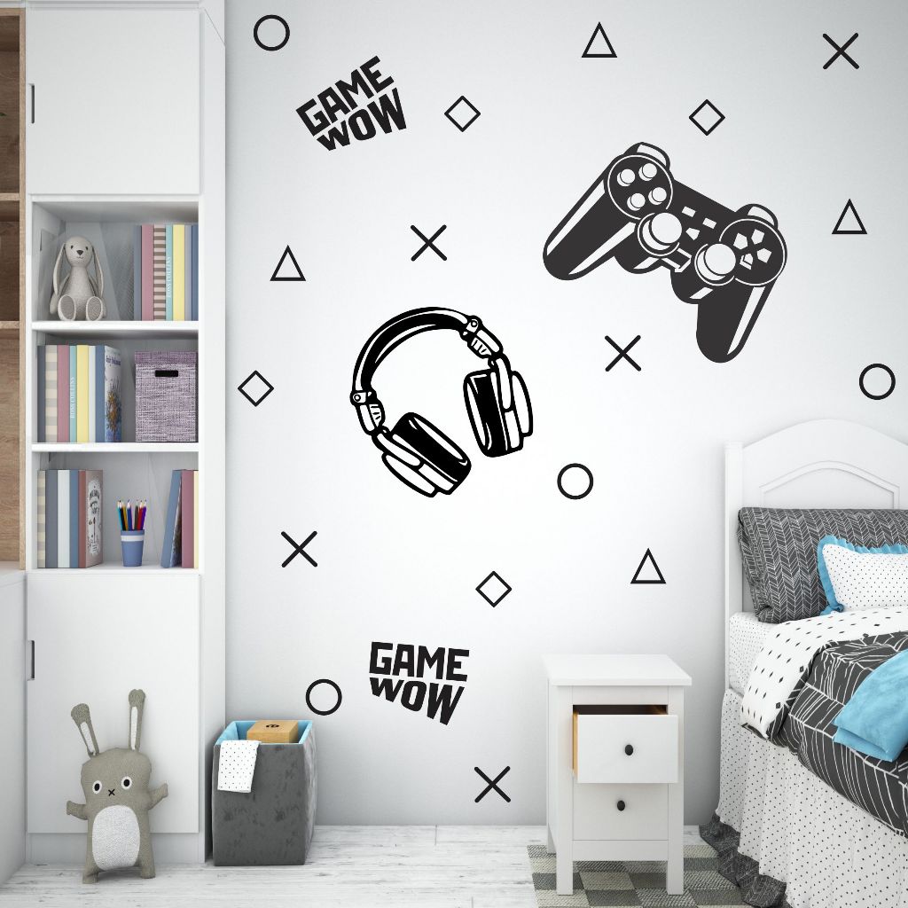 Adesivo de Parede Controle Fone Games Botão Jogos Play Decoração Sala de Gamers